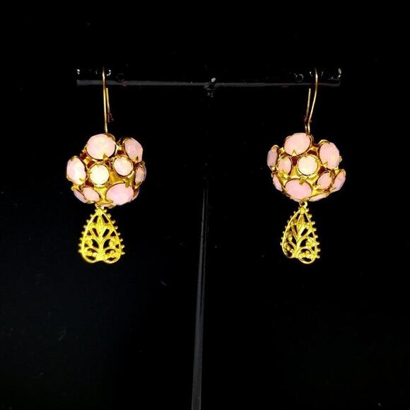 Vintage 1990s Faux Opal Rhinestone Charm Necklace Earrings Set 14K Gold Plated - Picture 5 of 8